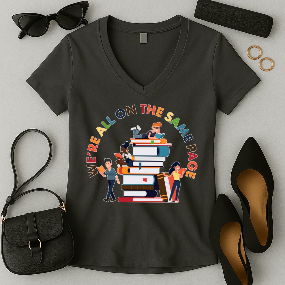 Were All One The Same Page Library Reading Fan Book Lover Women's V-Neck T-Shirt