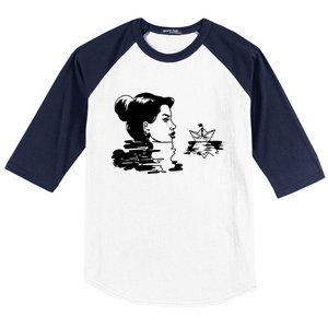 Woman And Paper Ship Baseball Sleeve Shirt