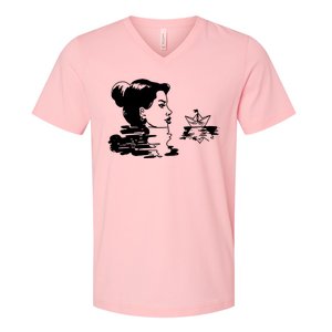 Woman And Paper Ship V-Neck T-Shirt