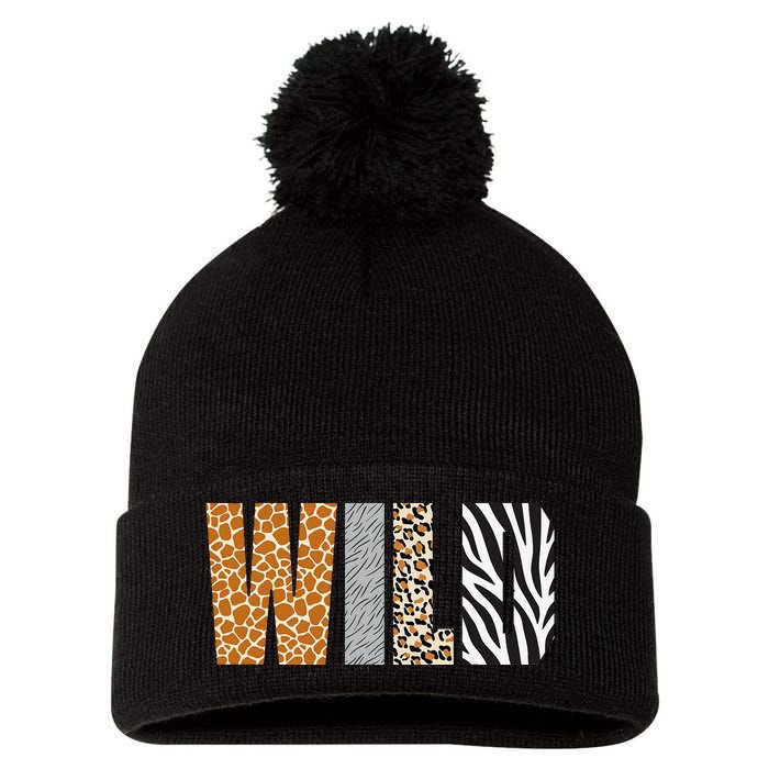 Wild Animal Pattern Giraffe Wolf Leopard Zebra Animal Print Pom Pom 12in Knit Beanie