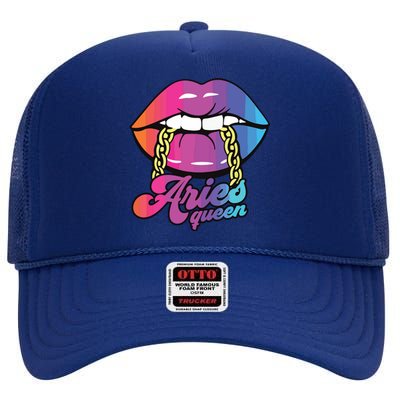 Womens Aries Queen Lips Zodiac Horoscope Girl Women Birthday High Crown Mesh Back Trucker Hat