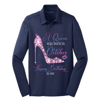 Womens A Queen Was Born In October Happy Birthday To Me High Heel Silk Touch Performance Long Sleeve Polo