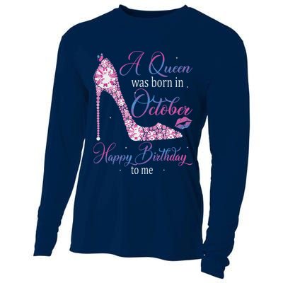 Womens A Queen Was Born In October Happy Birthday To Me High Heel Cooling Performance Long Sleeve Crew