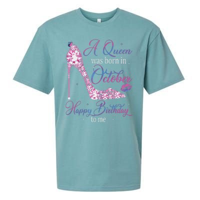 Womens A Queen Was Born In October Happy Birthday To Me High Heel Sueded Cloud Jersey T-Shirt