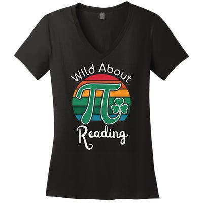 Wild About Reading Books Pi Day Lovers Bookworm Library Day  Women's V-Neck T-Shirt