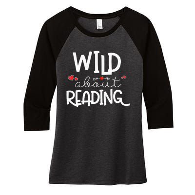 Wild About Reading With Heart Reading Books And Bookworm Women's Tri-Blend 3/4-Sleeve Raglan Shirt