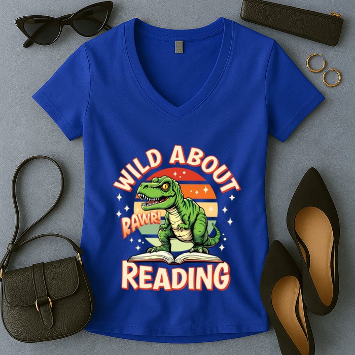 Wild About Reading T Rex Design For Teachers And Students Great Gift Women's V-Neck T-Shirt