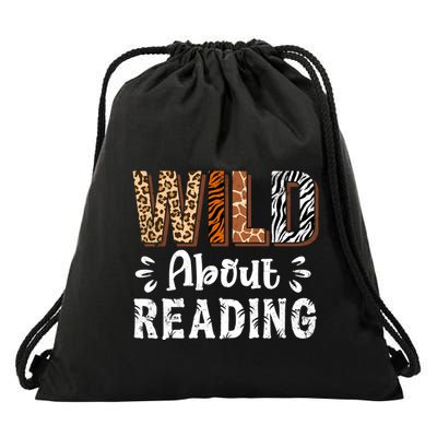 Wild About Reading Books Reader Lover Animals Leopard Zebra Drawstring Bag