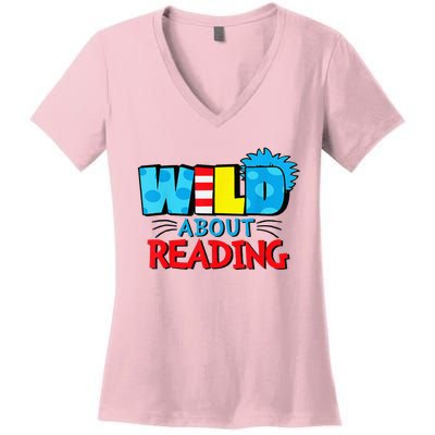 Wild About Reading Dr Teacher Red And White Stripe Hat Women's V-Neck T-Shirt