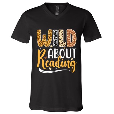 Wild About Reading Books Readers Lovers Bookworm Library Day V-Neck T-Shirt