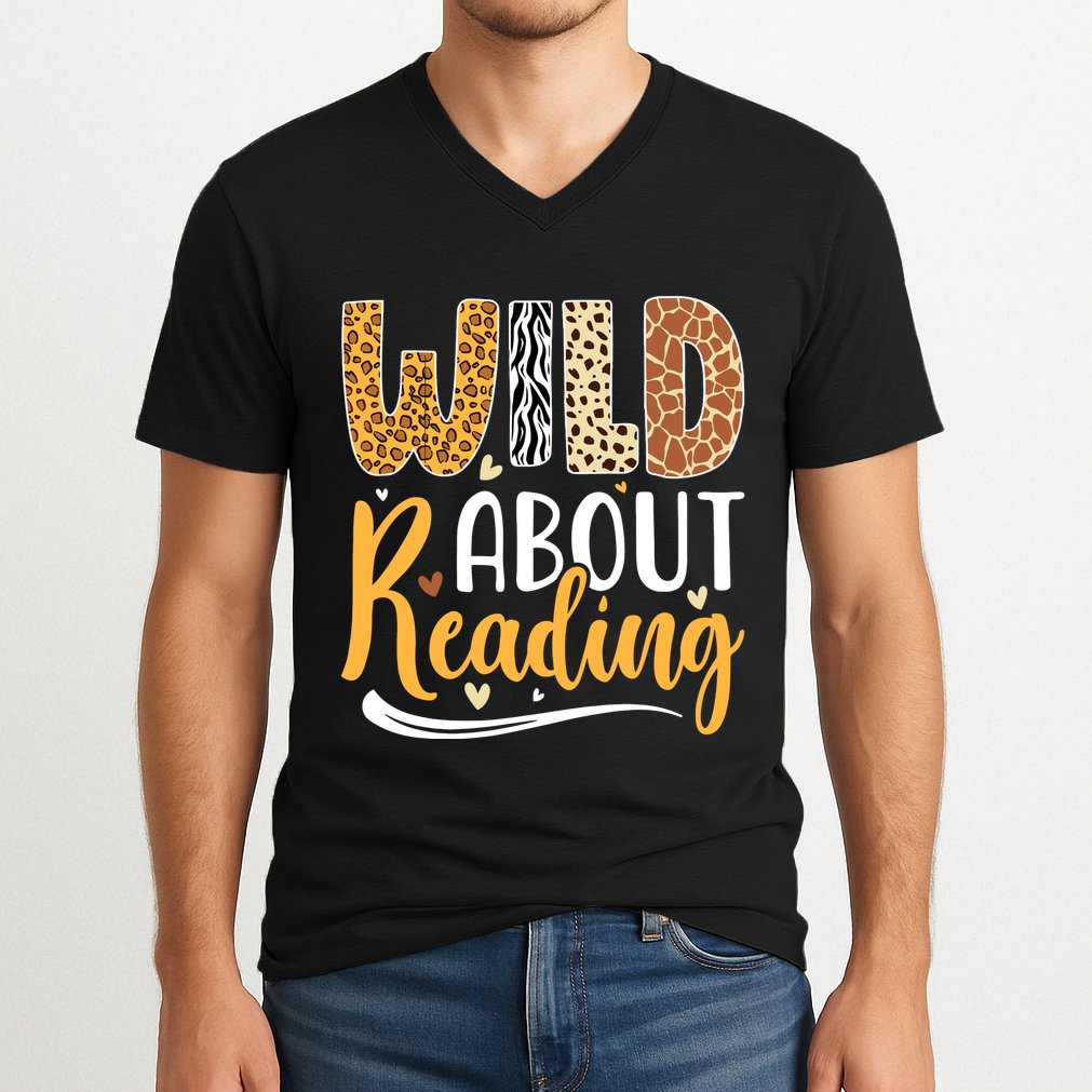 Wild About Reading Books Readers Lovers Bookworm Library Day V-Neck T-Shirt