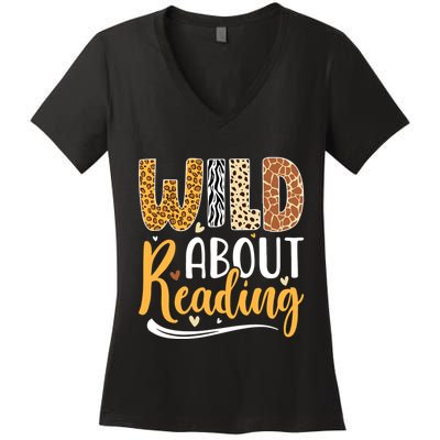 Wild About Reading Books Readers Lovers Bookworm Library Day Women's V-Neck T-Shirt