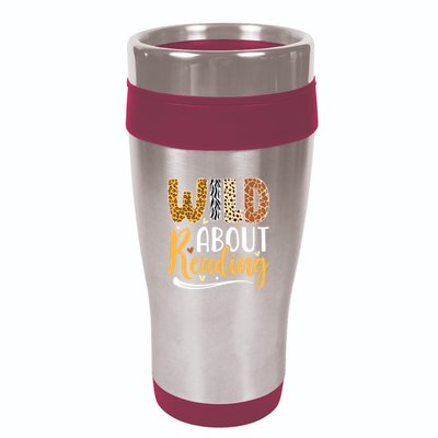 Wild About Reading Books Readers Lovers Bookworm Library Day 16oz Travel Tumbler