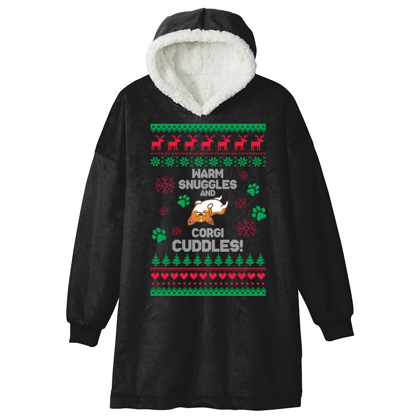 Warm Snuggles And Corgi Cuddles Ugly Sweater Hooded Wearable Blanket