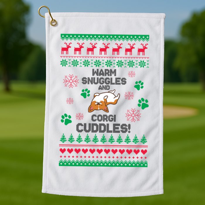 Warm Snuggles And Corgi Cuddles Ugly Sweater Golf Towel