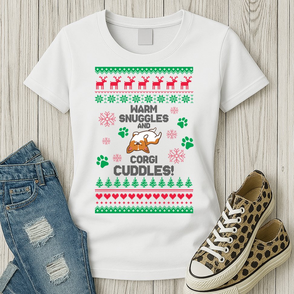 Warm Snuggles And Corgi Cuddles Ugly Sweater Womens T-Shirt
