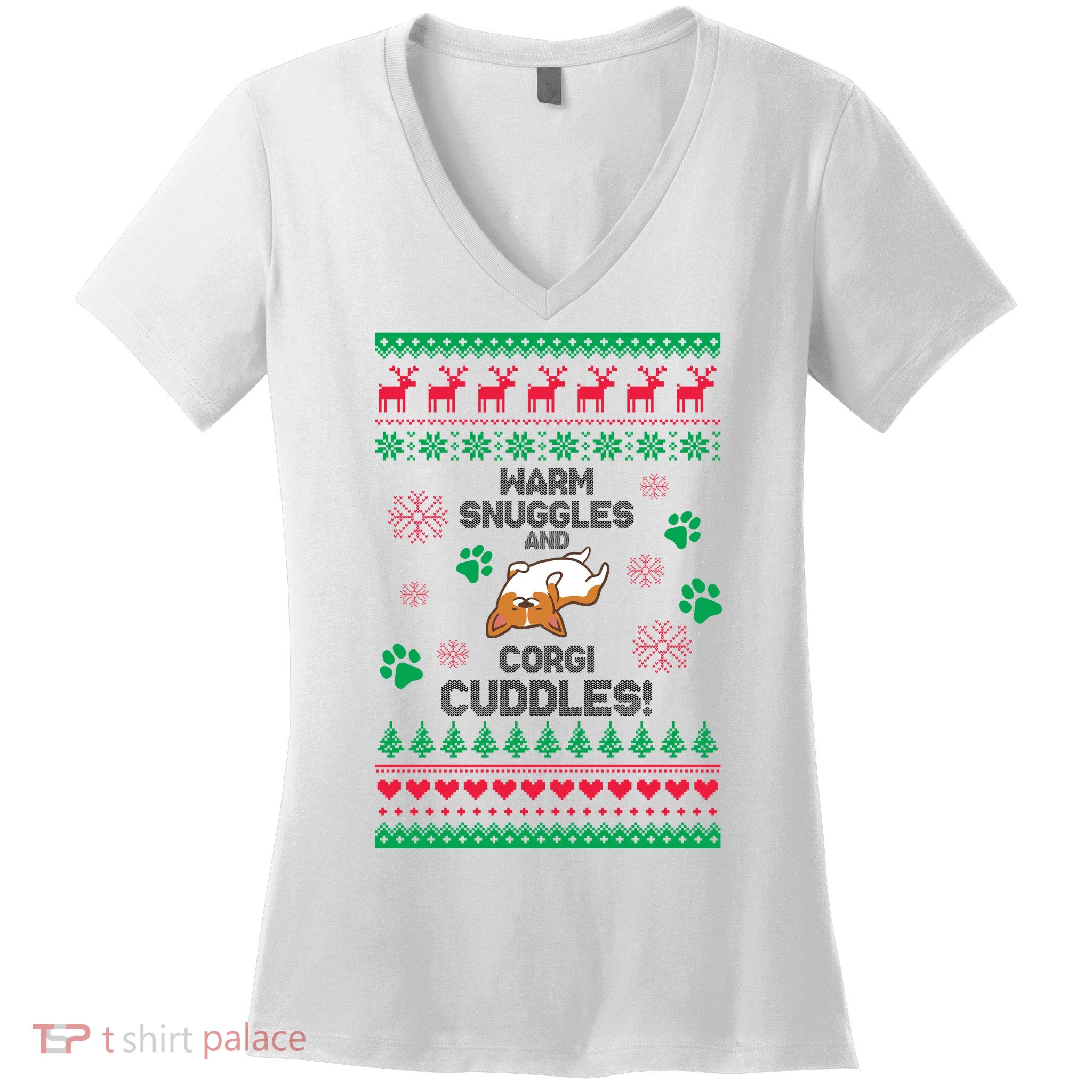 Warm Snuggles And Corgi Cuddles Ugly Sweater Women's V-Neck T-Shirt