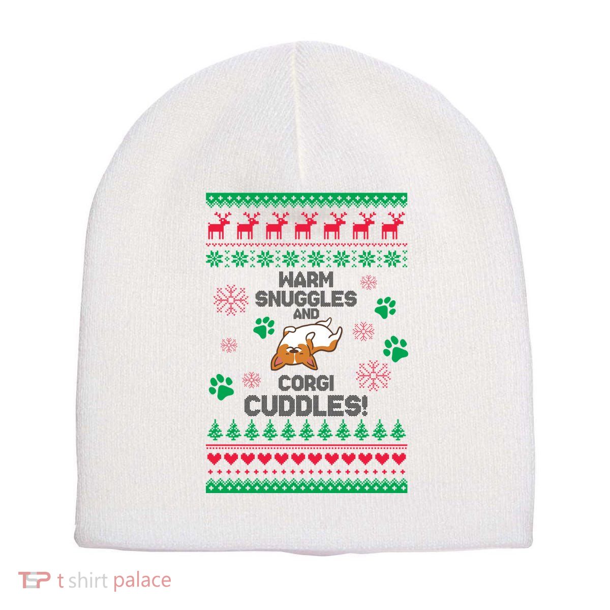 Warm Snuggles And Corgi Cuddles Ugly Sweater Short Acrylic Beanie