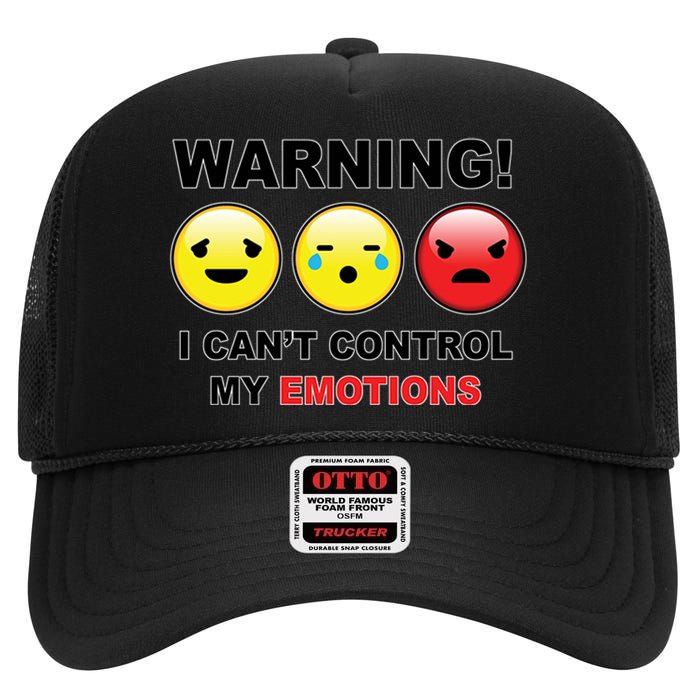 Warning Can't Control Emotions Emoji Face High Crown Mesh Back Trucker Hat