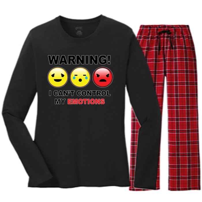 Warning Can't Control Emotions Emoji Face Women's Long Sleeve Flannel Pajama Set 