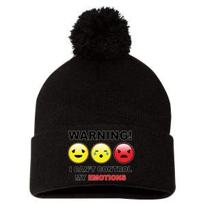 Warning Can't Control Emotions Emoji Face Pom Pom 12in Knit Beanie