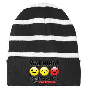 Warning Can't Control Emotions Emoji Face Striped Beanie with Solid Band