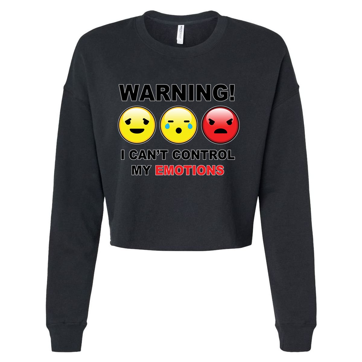 Warning Can't Control Emotions Emoji Face Cropped Pullover Crew