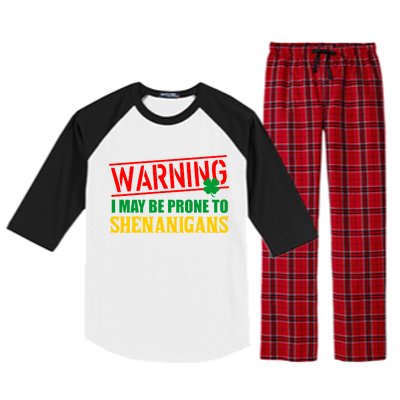 Warning I May Be Prone to Shenanigans St. Patrick's Day Clover Raglan Sleeve Pajama Set