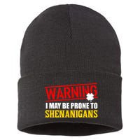 Warning I May Be Prone to Shenanigans St. Patrick's Day Clover Sustainable Knit Beanie