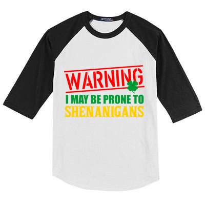 Warning I May Be Prone to Shenanigans St. Patrick's Day Clover Kids Colorblock Raglan Jersey
