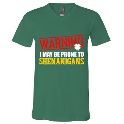 Warning I May Be Prone to Shenanigans St. Patrick's Day Clover V-Neck T-Shirt