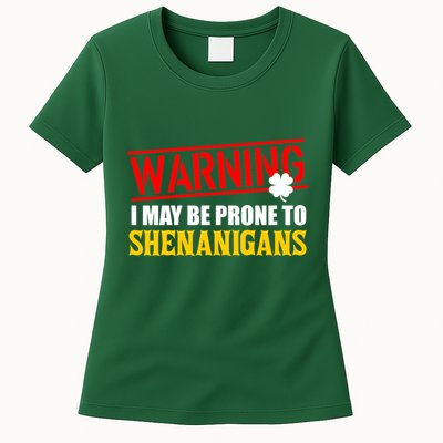 Warning I May Be Prone to Shenanigans St. Patrick's Day Clover Womens T-Shirt