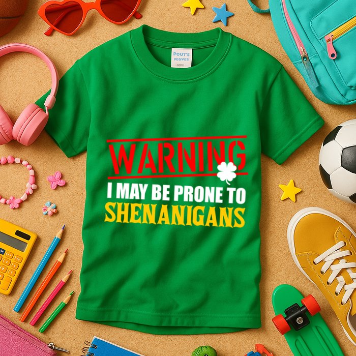 Warning I May Be Prone to Shenanigans St. Patrick's Day Clover Kids T-Shirt