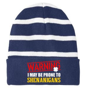 Warning I May Be Prone to Shenanigans St. Patrick's Day Clover Striped Beanie with Solid Band