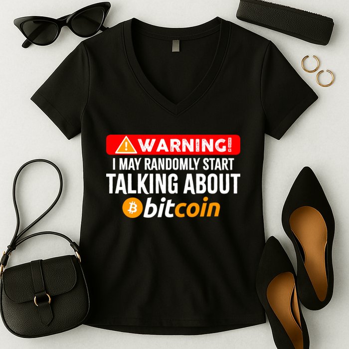 Warning I May Start Talking About Bitcoin Funny Crypto Women's V-Neck T-Shirt