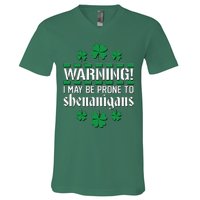 Warning! May Be Prone to Shenanigans Irish Clovers V-Neck T-Shirt