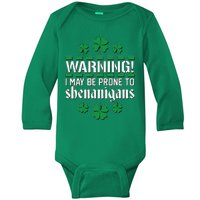 Warning! May Be Prone to Shenanigans Irish Clovers Baby Long Sleeve Bodysuit