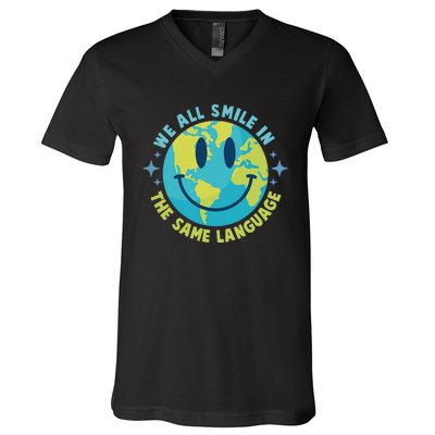 We All Smile In The Same Language Funny Esl Teacher V-Neck T-Shirt