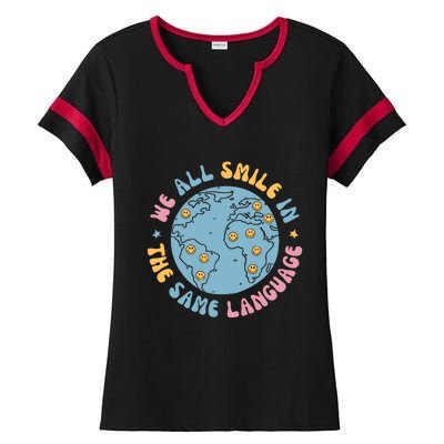 We All Smile In The Same Language Funny Esl Teacher Ladies Halftime Notch Neck Tee