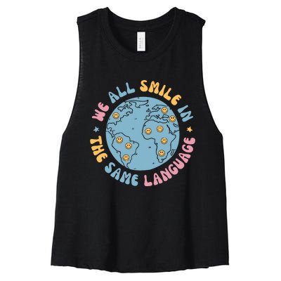 We All Smile In The Same Language Funny Esl Teacher Women's Racerback Cropped Tank