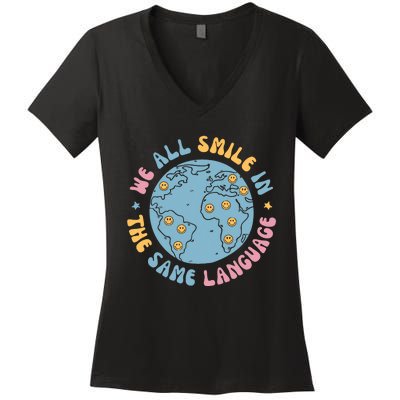 We All Smile In The Same Language Funny Esl Teacher Women's V-Neck T-Shirt