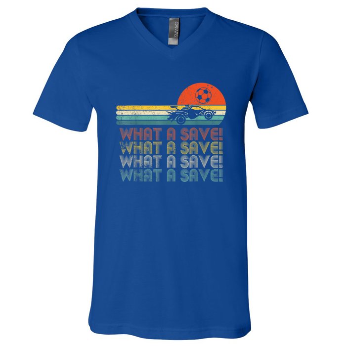 What A Save Vintage Retro Rocket Soccer Car League V-Neck T-Shirt