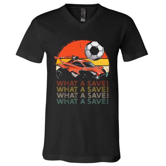 What A Save Vintage Retro Rocket Soccer Car V-Neck T-Shirt