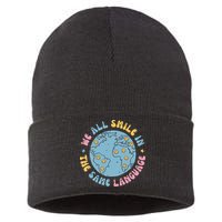 We All Smile In The Same Language Funny Esl Teacher Sustainable Knit Beanie