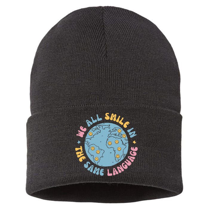 We All Smile In The Same Language Funny Esl Teacher Sustainable Knit Beanie