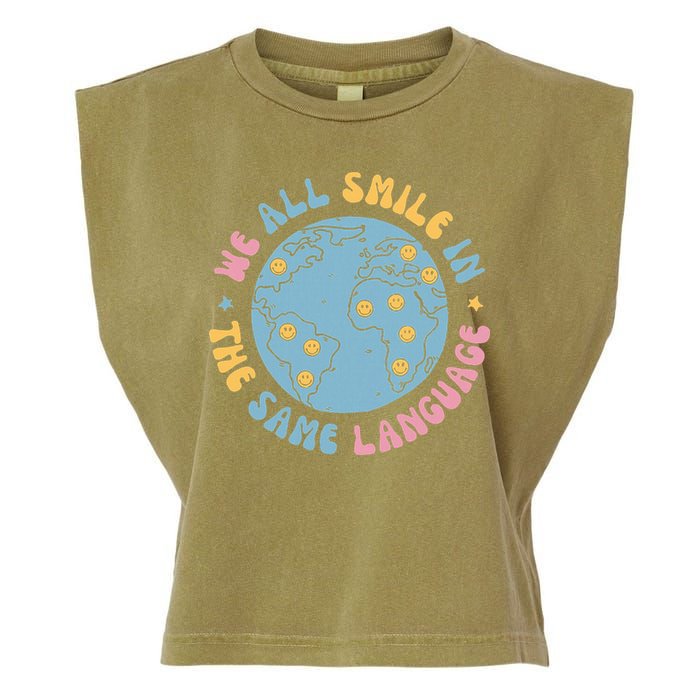 We All Smile In The Same Language Funny Esl Teacher Garment-Dyed Women's Muscle Tee