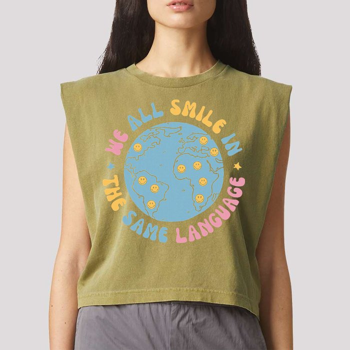 We All Smile In The Same Language Funny Esl Teacher Garment-Dyed Women's Muscle Tee