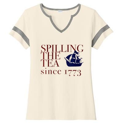 Womens AMERICA SPILLING TEA SINCE 1773 July 4 Boston Party Meme Ladies Halftime Notch Neck Tee