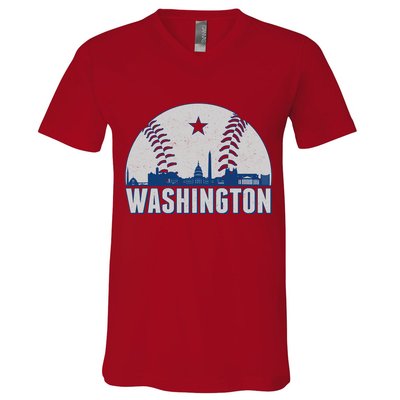 Washington DC Baseball Skyline V-Neck T-Shirt