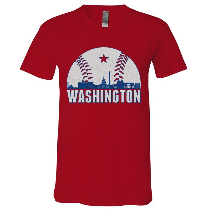 Washington DC Baseball Skyline V-Neck T-Shirt